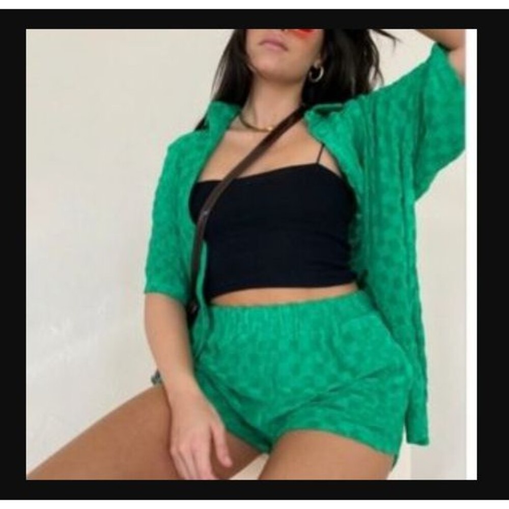 Bailey Rose Green Terrycloth Button Down Top & Shorts Set‎ Sz L Casual Vacation